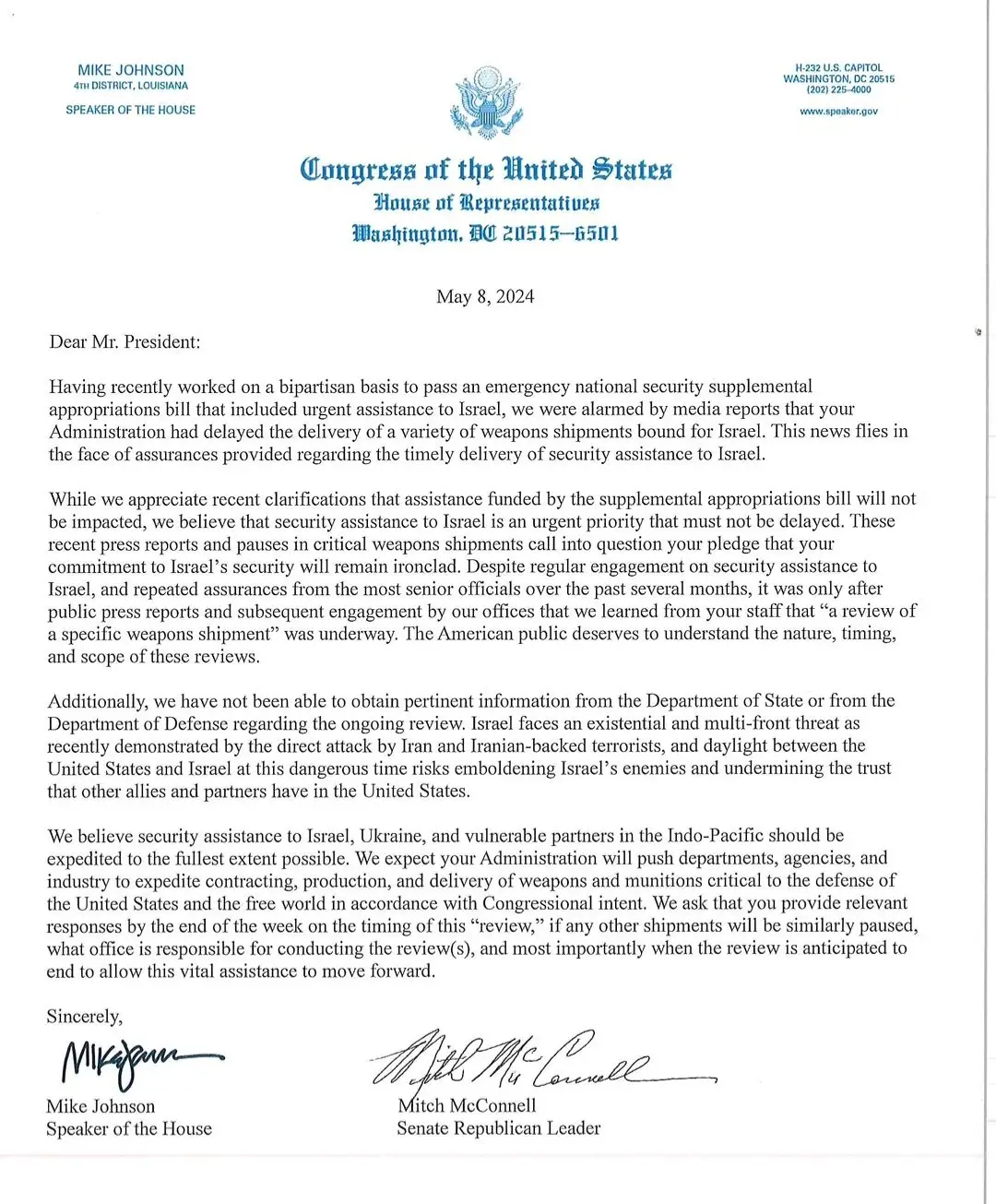 Speaker Johnson and Senate minority leader McConnell sent a letter to President Biden expressing alarm over the delayed ammunition shipment, and asked for clarification by the end of the week.